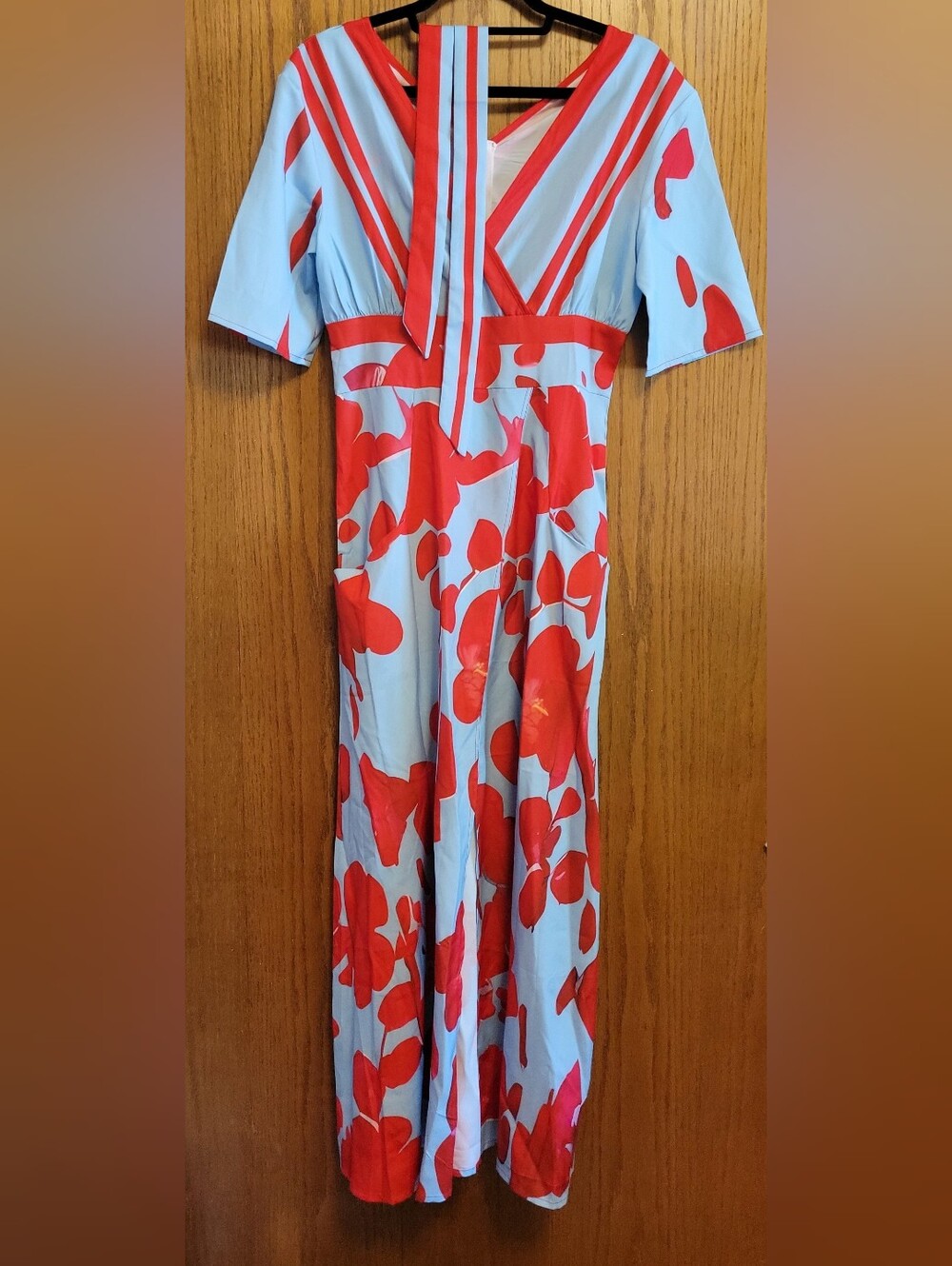 Light Blue and Red Floral Maxi Dress with V-Neck Tie S NEW